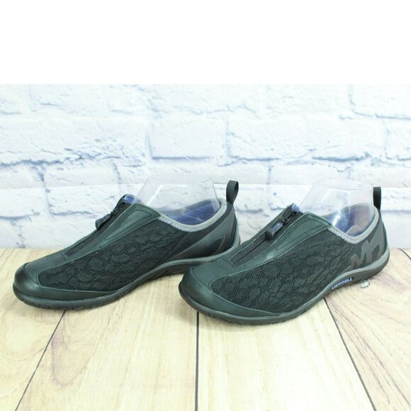 Merell Enlighten Glitz Breeze Black Nylon Front Zip Flat Loafer Shoes Size 7.5 - Picture 2 of 9